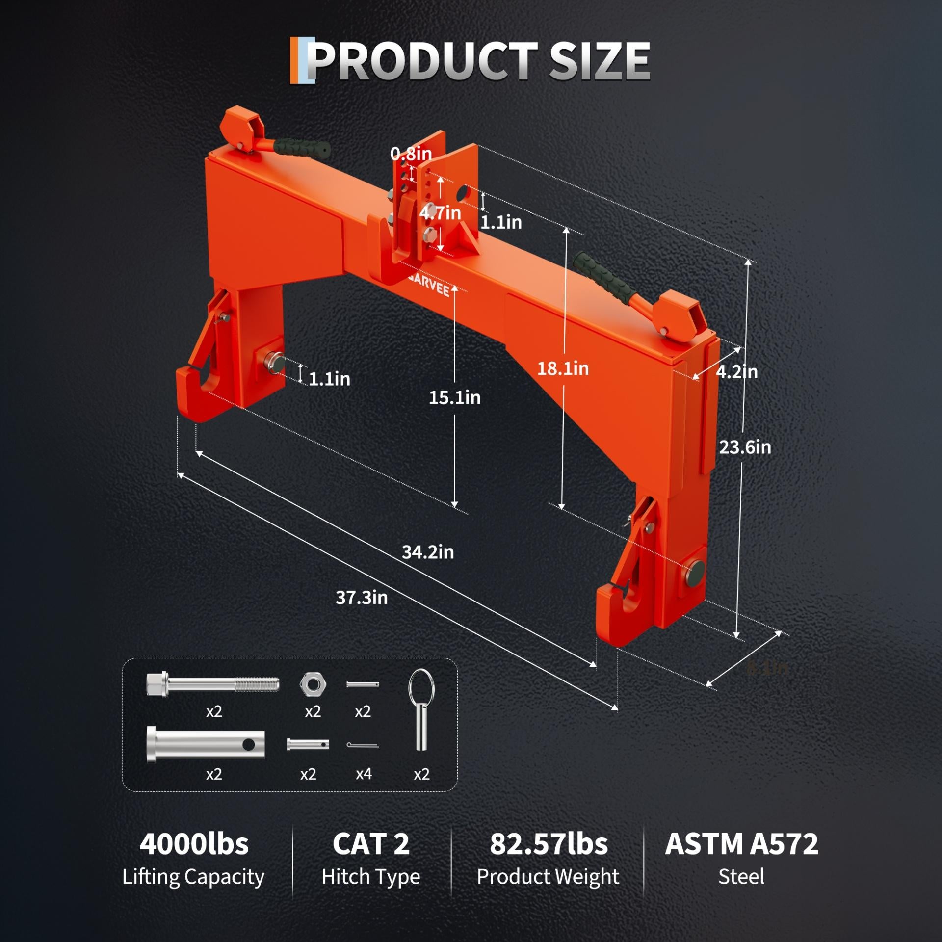 Garvee Heavy Duty 4000lbs 3-Point Quick Hitch for Category 2 Tractors - 5-Level Adjustable Bolt - 2" Receiver - Compatible with Cat 2 Implements - Farm Attachment - Orange