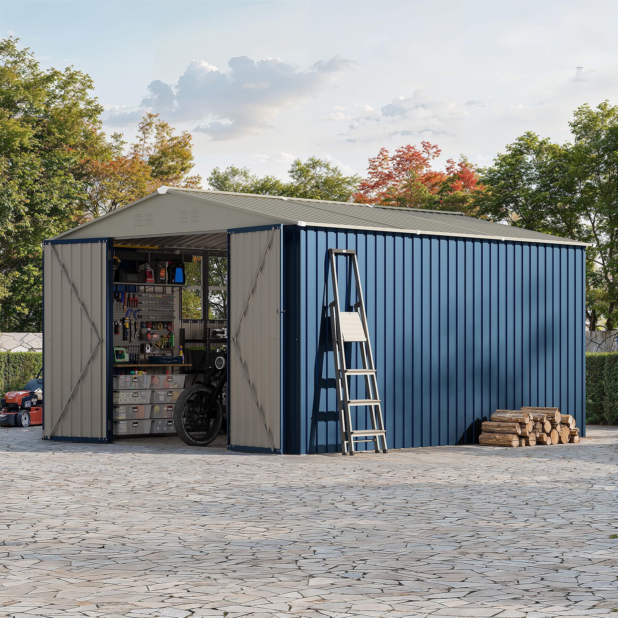 Garvee 10 x 12 FT Metal Outdoor Storage Shed, Weather-Resistant Galvanized Steel Tool House with Lockable Double Doors, Grid Window, Vents & Gable Roof, Navy Blue