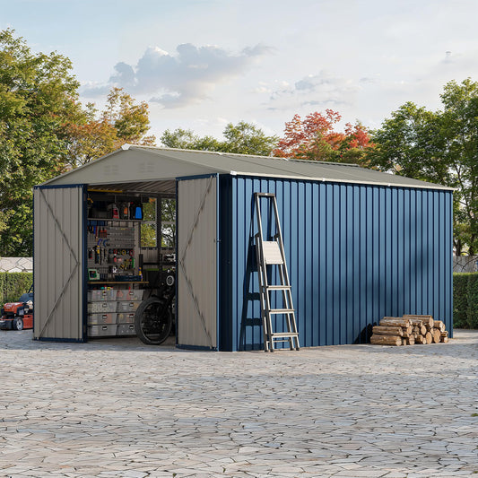 Garvee 10 x 12 FT Metal Outdoor Storage Shed, Weather-Resistant Galvanized Steel Tool House with Lockable Double Doors, Grid Window, Vents & Gable Roof, Navy Blue