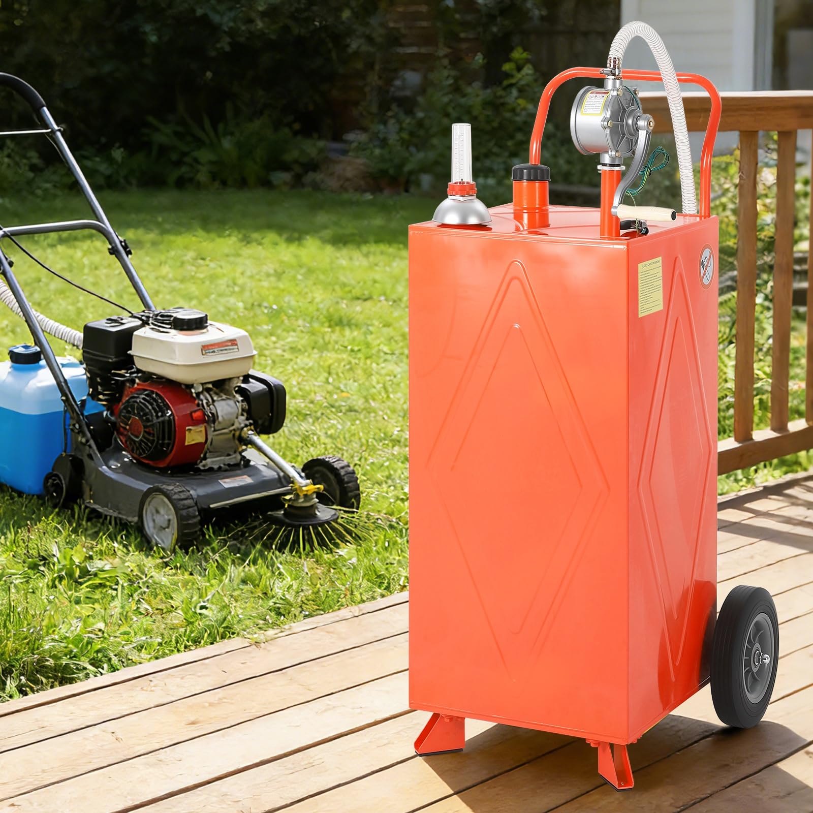 Garvee 35 Gallon Portable Fuel Gas Caddy Storage Tank – Reinforced 2-Wheel, 2-Support Design, Manual Rotary Pump, Fuel Hose, Wide Fill Neck, Level Gauge, Grounding Clamp – Mobile Gasoline/Fuel Transfer Tank for ATV, Tractor, Lawn Mower, Car, Boat –