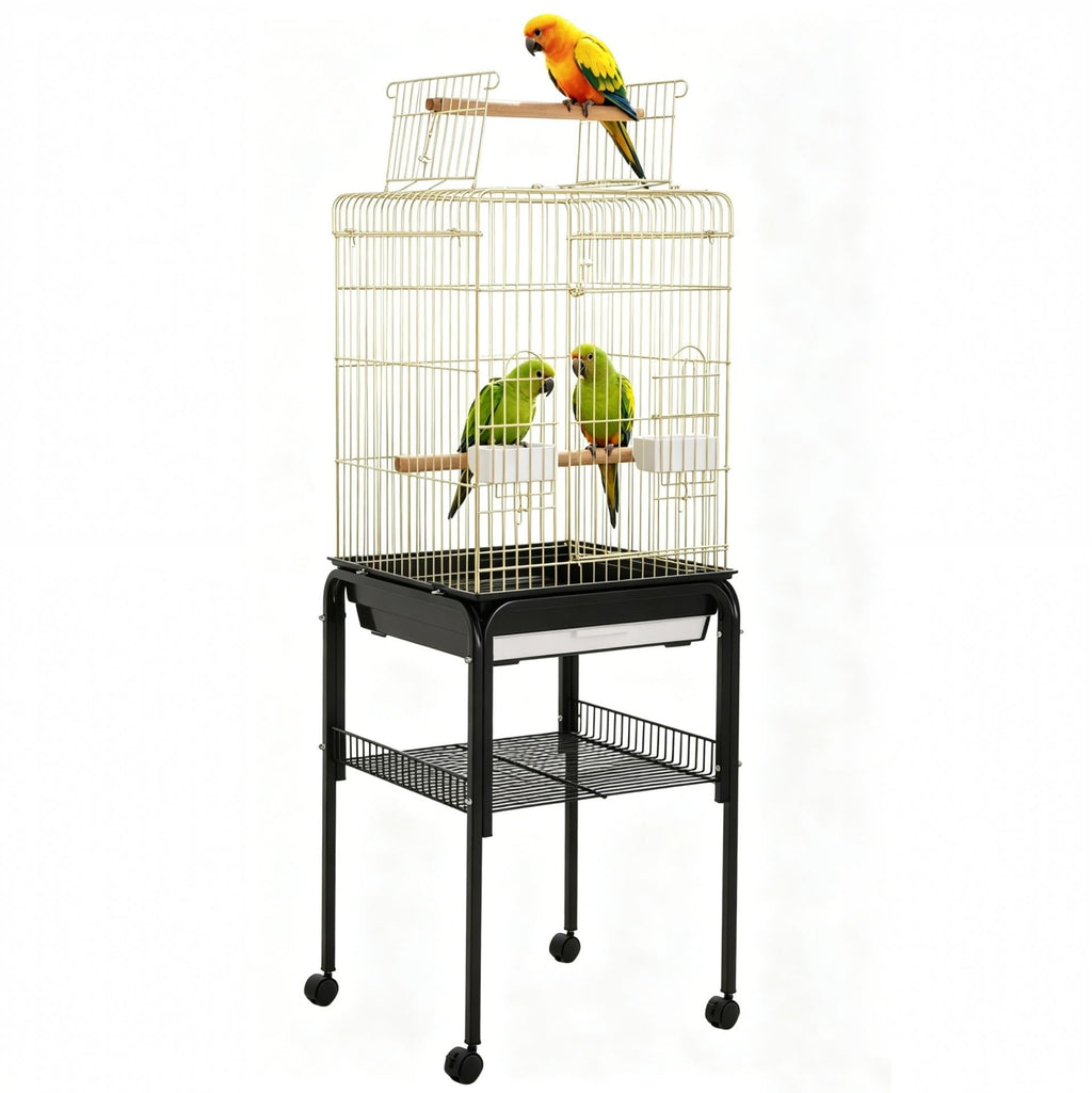 Garvee Large Open-Top Bird Cage with Rolling Stand – Removable Tray, Extra Storage, Breakable Casters, Indoor/Outdoor Use – Black Frame Gold Cage Body, Model 1038+10#
