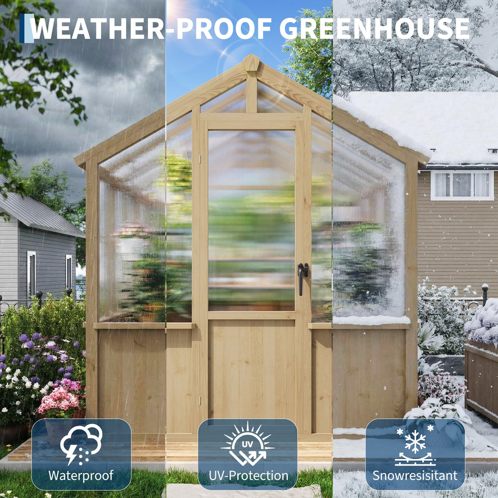 Garvee 6x8 FT Walk-In Wooden Greenhouse for Outdoors – Heavy Duty Spruce Frame, PC Panels, Adjustable Roof Vents, Lockable Door – Large Outdoor Storage for Garden, Patio, Lawn – 6x8 Natural Wood Color