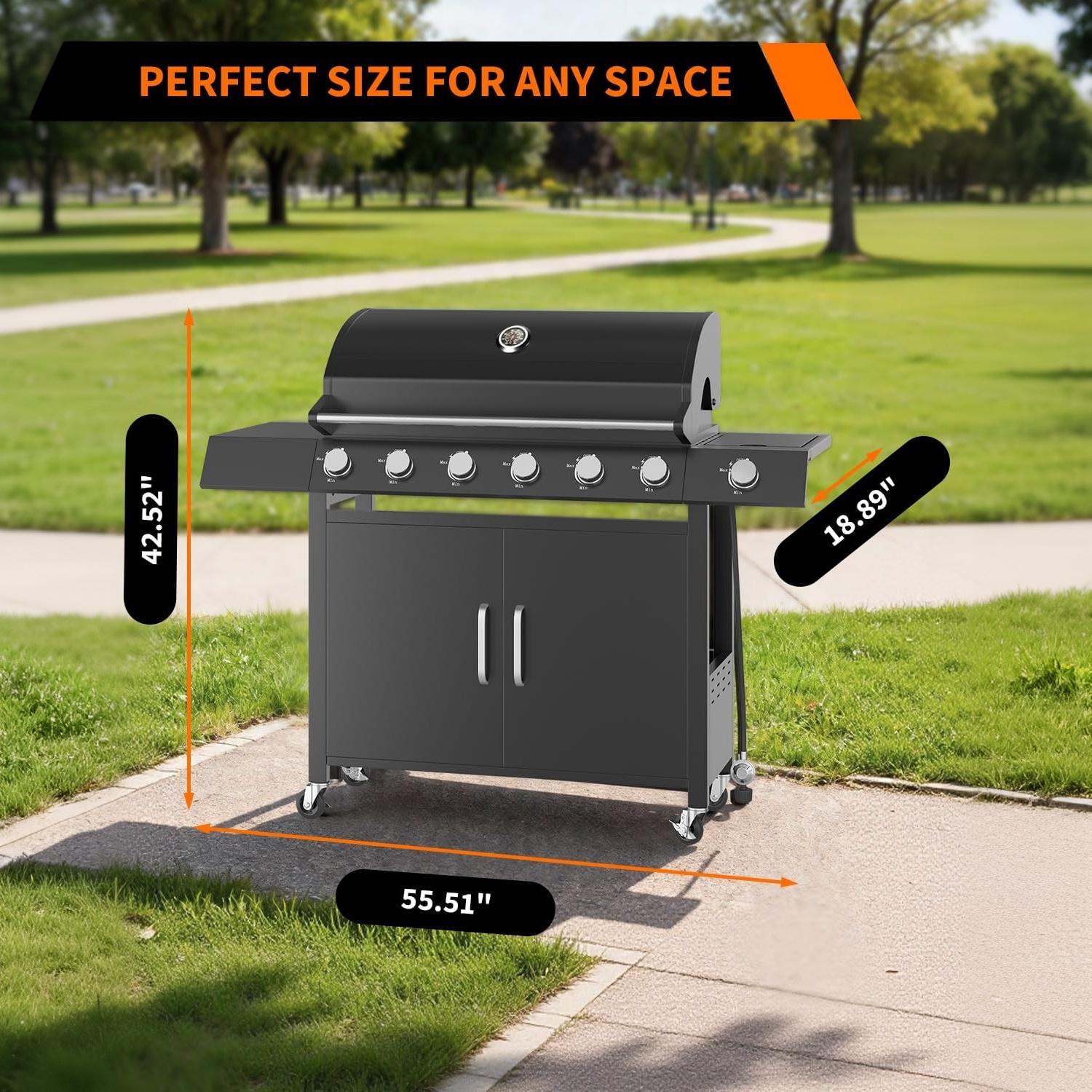 Garvee Superior 6-Disposable Outdoor Gas Grill – Stainless Steel & Cast Iron – Side Disposable – Large Warming Rack – Storage Cabinet – Heavy-Duty BBQ for Patio, Backyard, Family Gatherings –