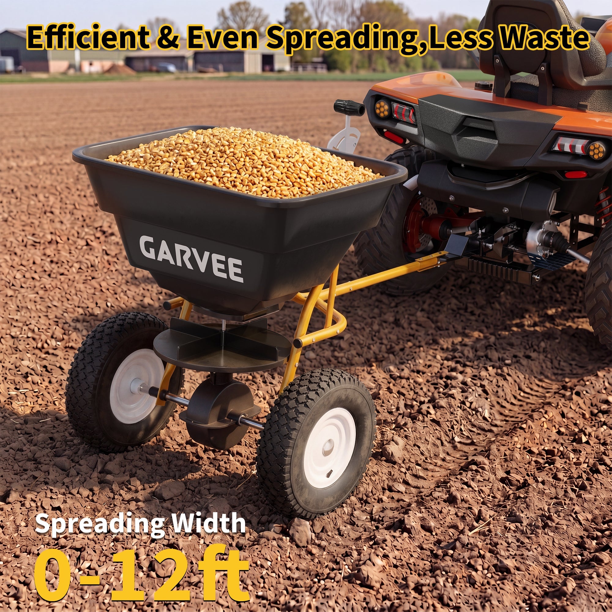 Garvee 85 lb Tow-Behind Broadcast Spreader with Adjustable Flow Control, 10-Inch Pneumatic Tires, Steel Frame & Universal Hitch for Seed, Fertilizer, Salt and Ice Melt, Black & Yellow
