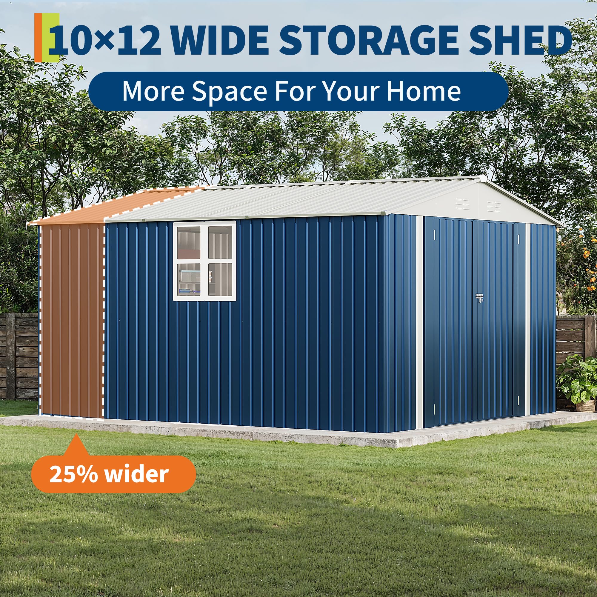 Garvee 10 x 12 FT Metal Outdoor Storage Shed, Weather-Resistant Galvanized Steel Tool House with Lockable Double Doors, Grid Window, Vents & Gable Roof, Navy Blue