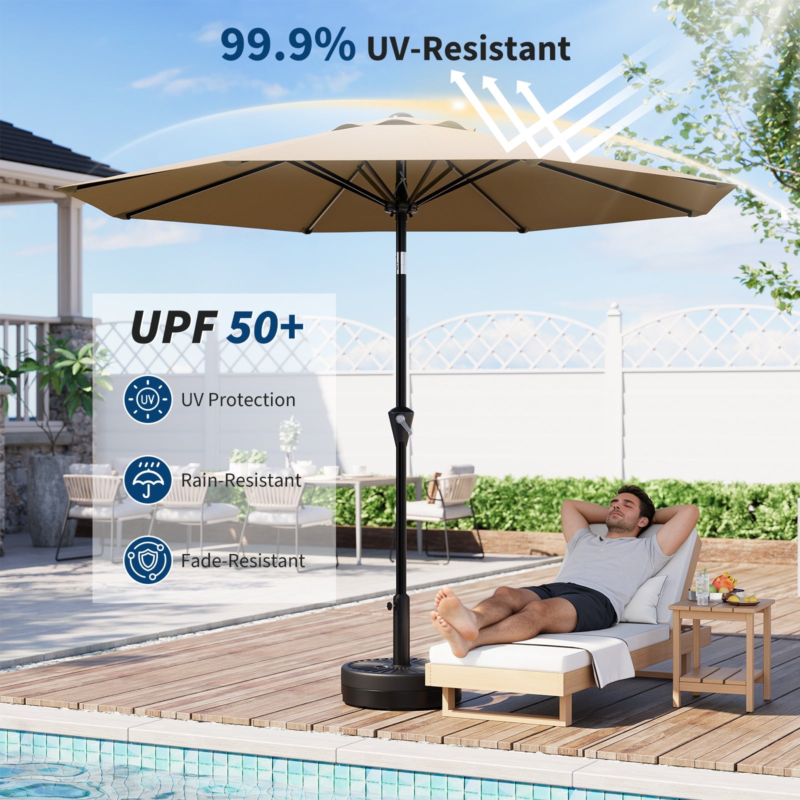 Garvee 9 ft Patio Umbrella, Outdoor Market Table Umbrella with Crank Lift, Push Button Tilt, 8 Sturdy Ribs & UV Protection for Pool, Deck, Yard and Garden, Tan