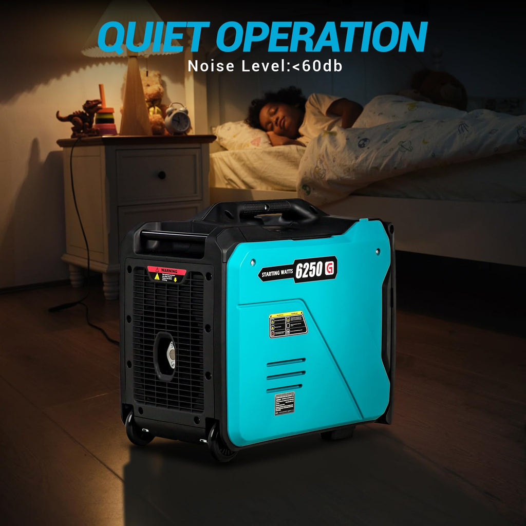 Garvee G6250 Portable Inverter Generator — 6250W Peak / 5800W Rated, 120V/60Hz, RV-Ready 30A, Ultra-Quiet <60 dB, 2.9 gal Tank, Wheels & Carry Handle