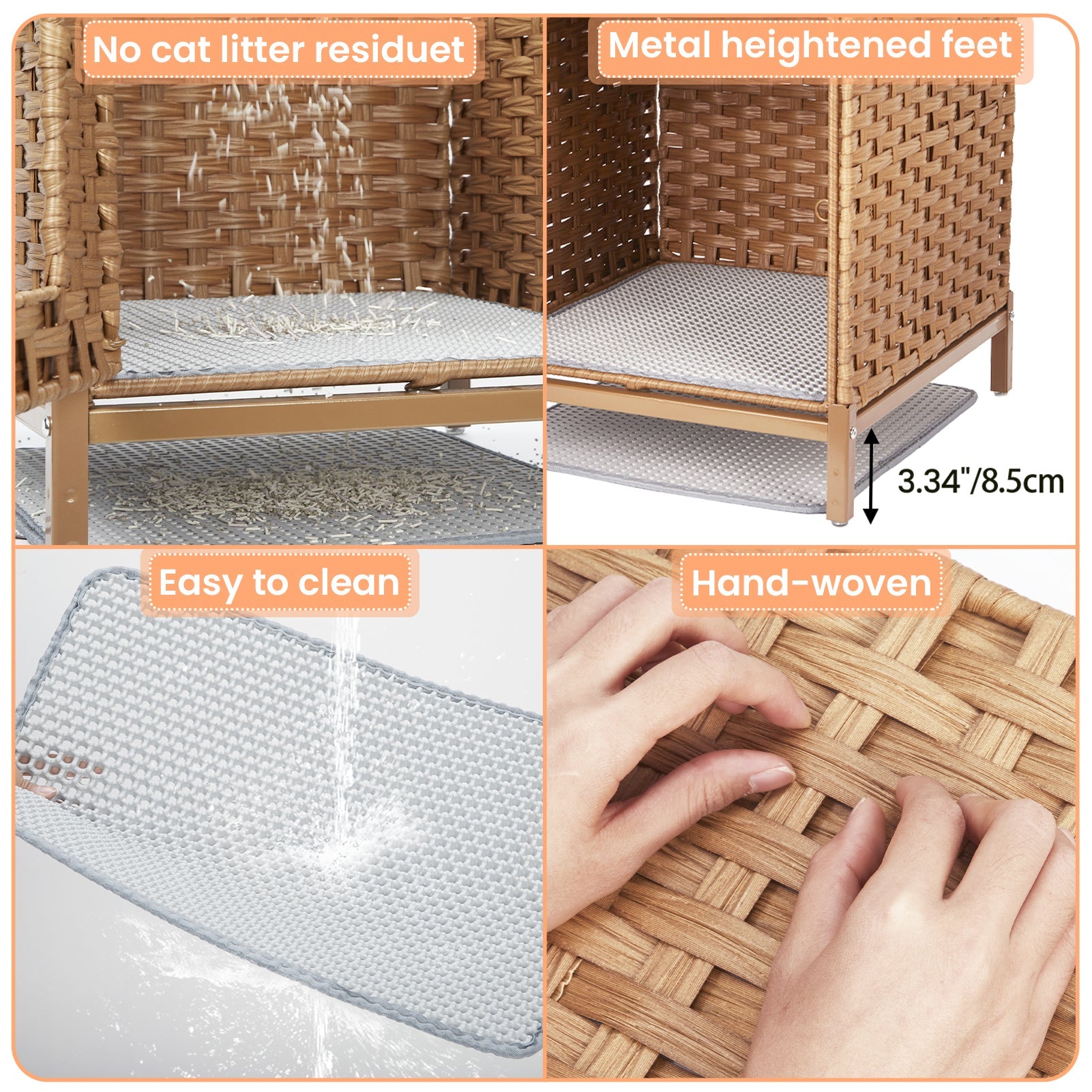 Garvee Cat Litter Box Enclosure Hidden Litter Box Furniture with Metal Heightened Feet, Rattan Handwoven Cat House with Litter Mat, Hidden Litter Box Furniture for Bedroom Living Room, Natural