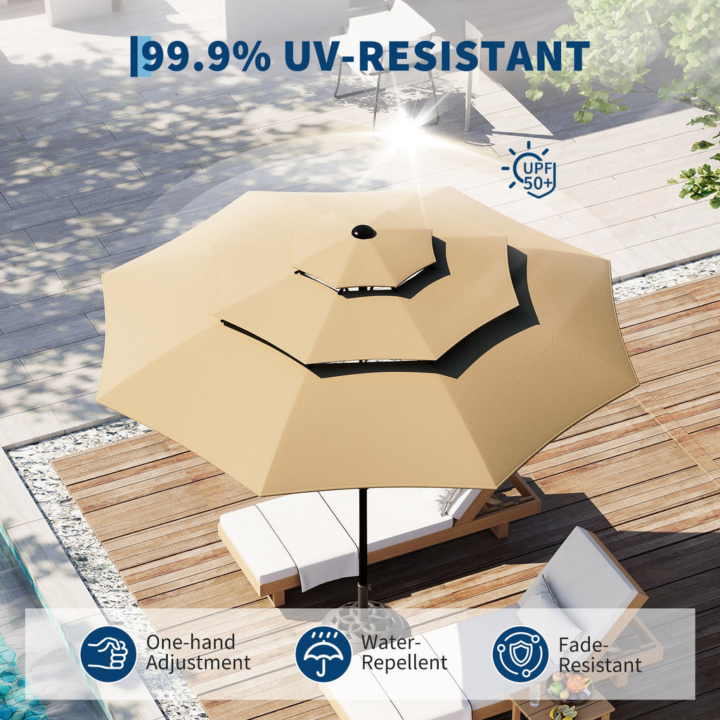 Garvee 10' Outdoor Patio Umbrella, 3-Tier Vented Canopy with Crank Tilt, 8 Ribs, Tan