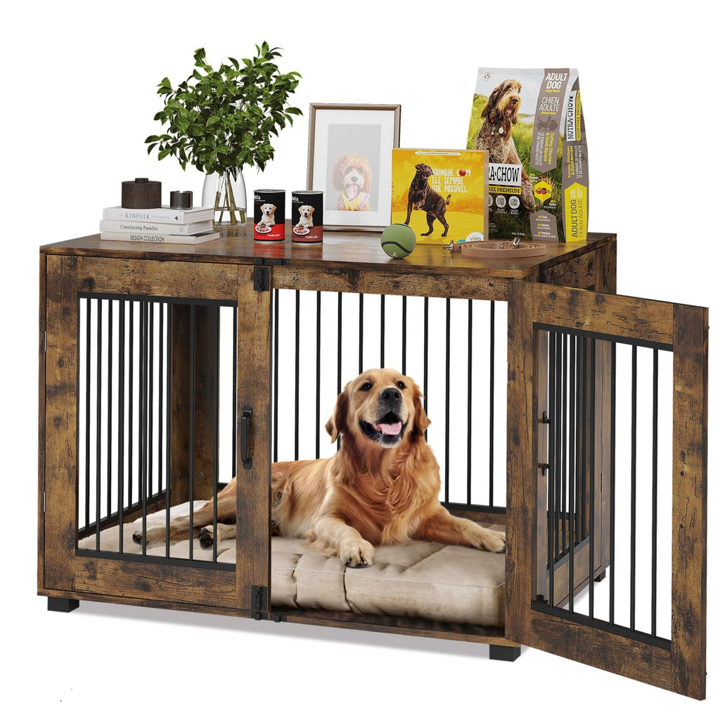 Garvee Rustic Farmhouse Dog Crate Furniture - Medium Indoor Wooden Kennel End Table with Dual Locking Doors - Chew-Resistant, Ventilated Pet Cage for Medium Dogs - Brown, Medium