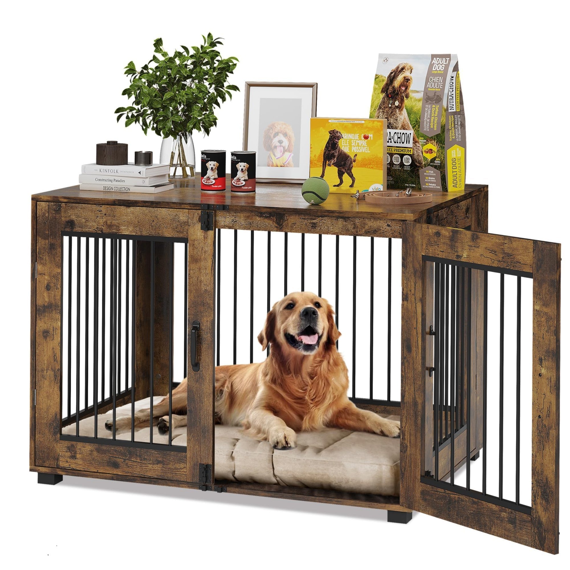 Garvee Rustic Farmhouse Dog Crate Furniture - Medium Indoor Wooden Kennel End Table with Dual Locking Doors - Chew-Resistant, Ventilated Pet Cage for Medium Dogs - Brown, Medium