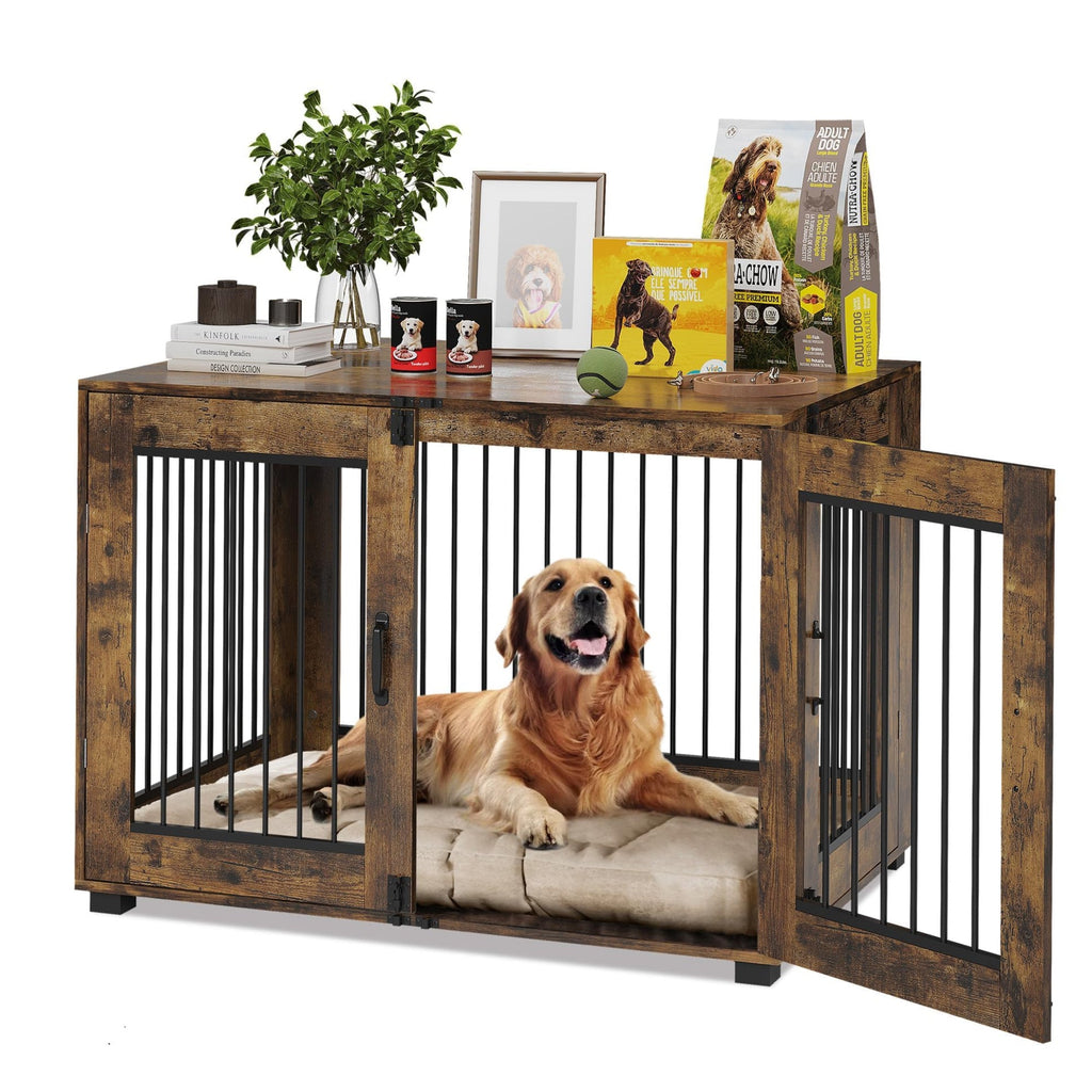 Garvee Rustic Farmhouse Dog Crate Furniture - Large Indoor Wooden & Metal Kennel Table with 3 Doors - Heavy Duty, Multi-Use Pet House for Small, Medium & Large Dogs - Brown, Large