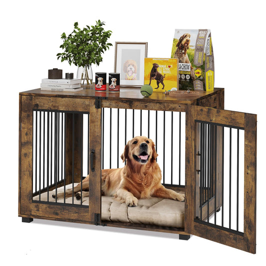 Garvee Rustic Farmhouse Dog Crate Furniture - Large Indoor Wooden & Metal Kennel Table with 3 Doors - Heavy Duty, Multi-Use Pet House for Small, Medium & Large Dogs - Brown, Large