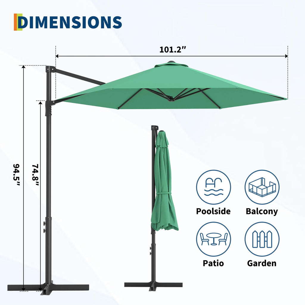 Garvee 9' Cantilever Patio Umbrella, 101.2" W × 94.5" H Round Offset Parasol with UV-Resistant Vented Polyester Canopy and Iron Frame, Dark Green