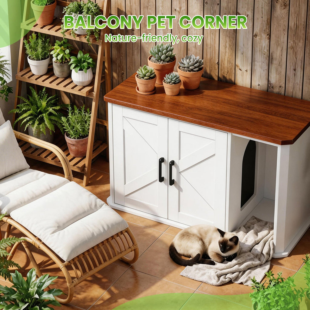 Garvee Modern Wooden Cat Litter Box Furniture – Double-Door Hidden Washroom Cabinet with Side Entry – Easy to Clean, Odor Control – Spacious Cat House End Table – Yunxi White Brown