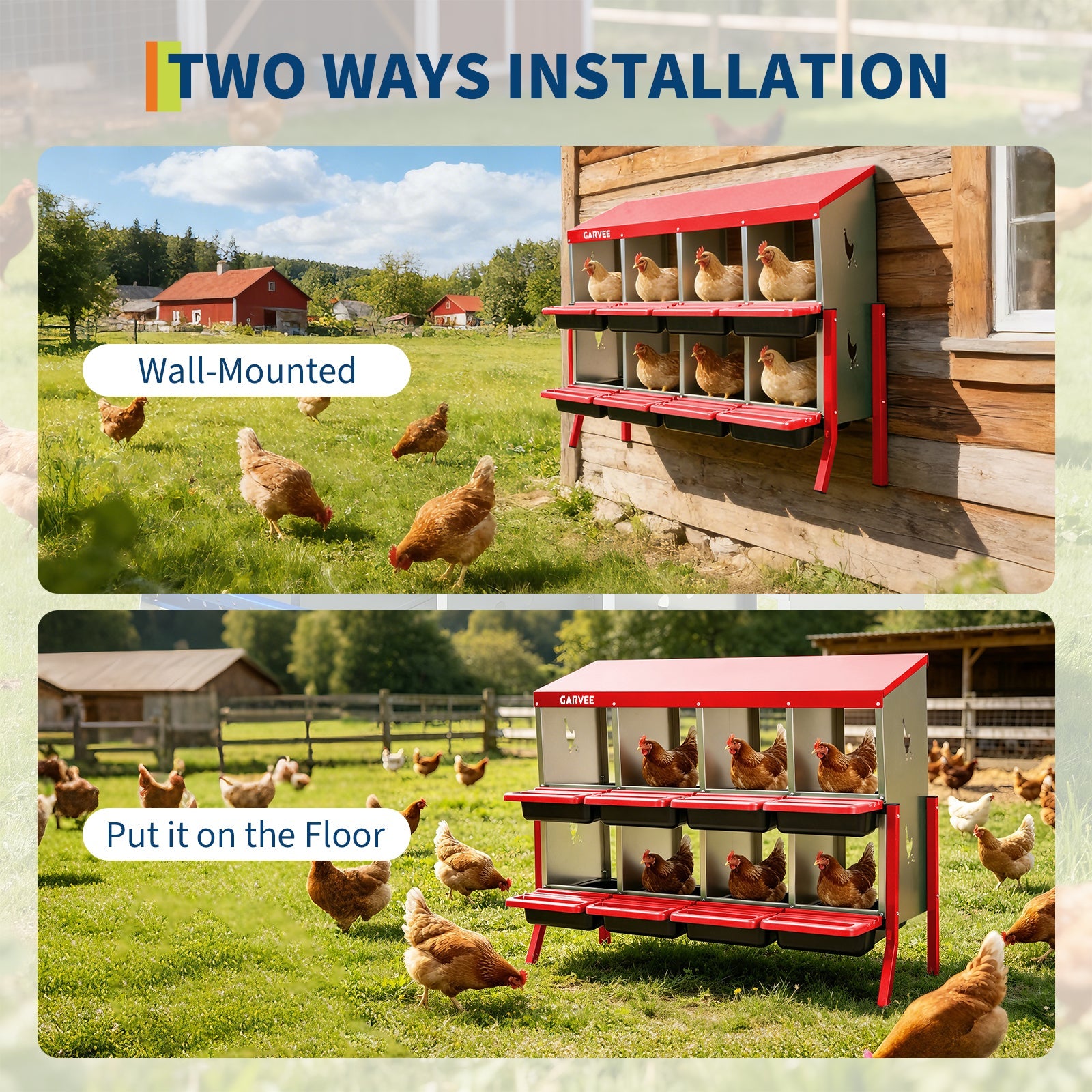 Garvee 8 Compartment Metal Chicken Nesting Box – Heavy Duty Galvanized Steel, Easy Clean Removable Tray, Soft Cushion, Ventilated, Bracket Legs for Outdoor Chicken Coop – Red with Chicken Design