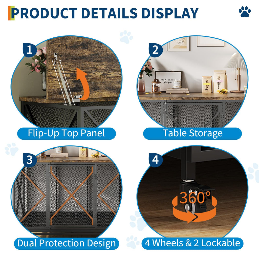 Garvee 48" Heavy Duty Dog Crate Furniture with Wheels, Flip Top Dog Kennel End Table with Removable Tray, Multi-Functional Indoor Pet Cage for Small to Large Pets, Black