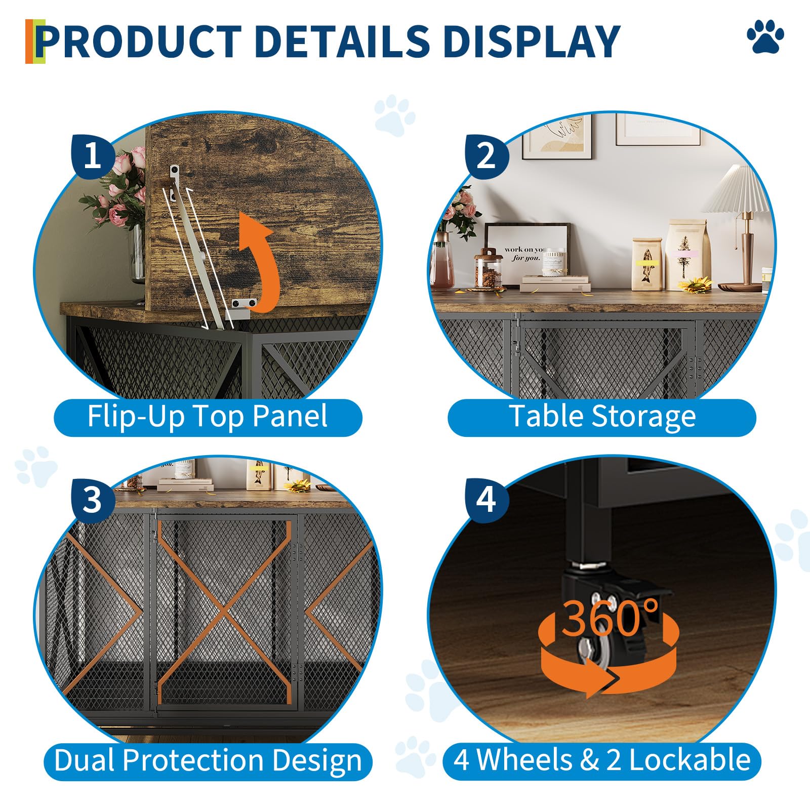 Garvee 48" Heavy Duty Dog Crate Furniture with Wheels, Flip Top Dog Kennel End Table with Removable Tray, Multi-Functional Indoor Pet Cage for Small to Large Pets, Black