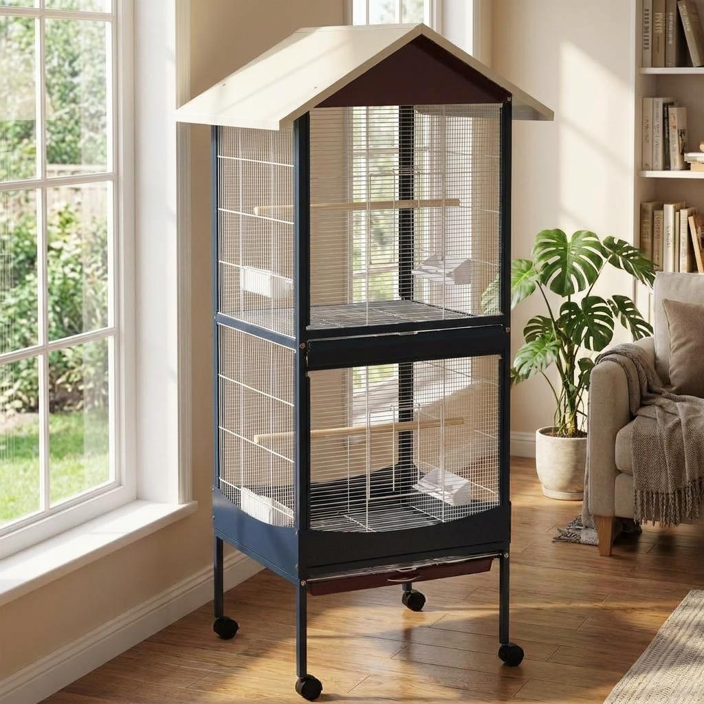 Garvee Rolling Bird Cage with Roof, Metal Wire Flight Cage for Parrots Lovebirds Finches, Wheeled Stand, Multiple Perches