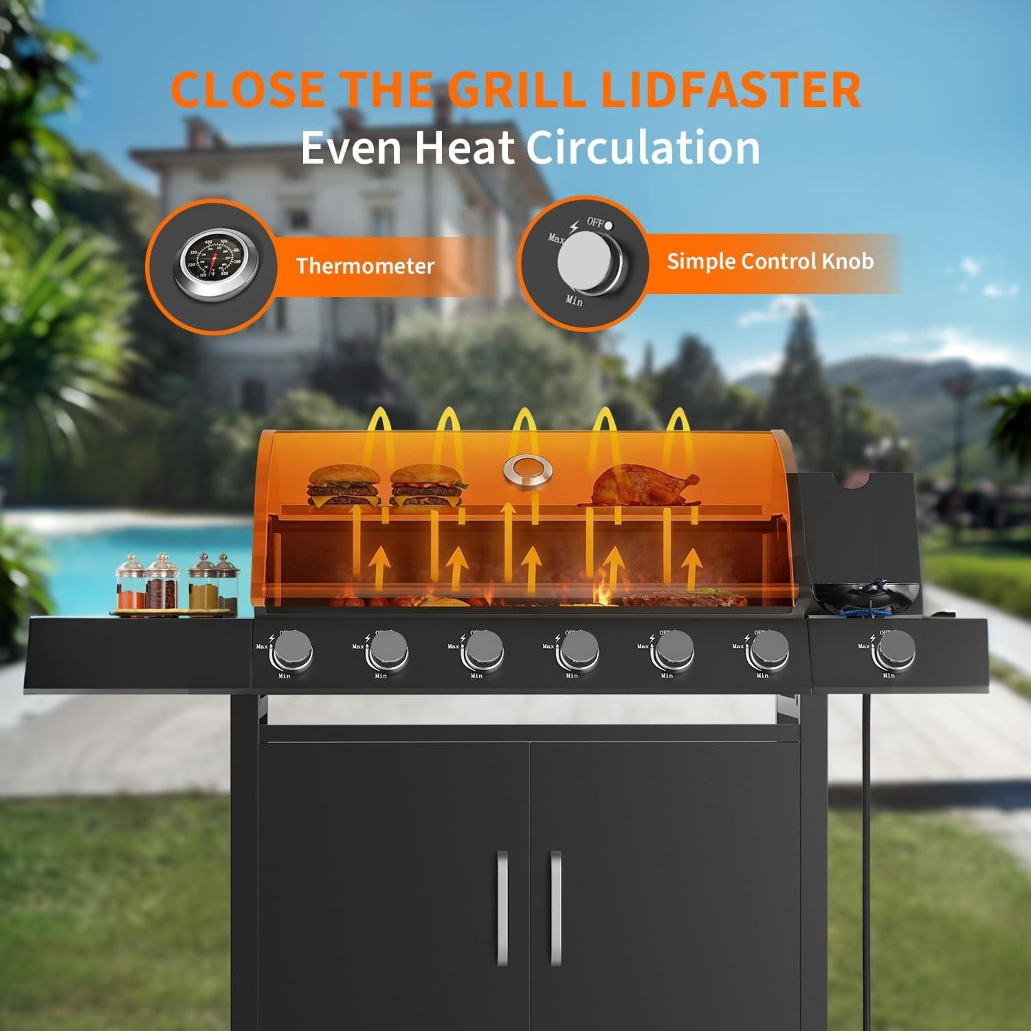 Garvee Superior 6-Disposable Outdoor Gas Grill – Stainless Steel & Cast Iron – Side Disposable – Large Warming Rack – Storage Cabinet – Heavy-Duty BBQ for Patio, Backyard, Family Gatherings –