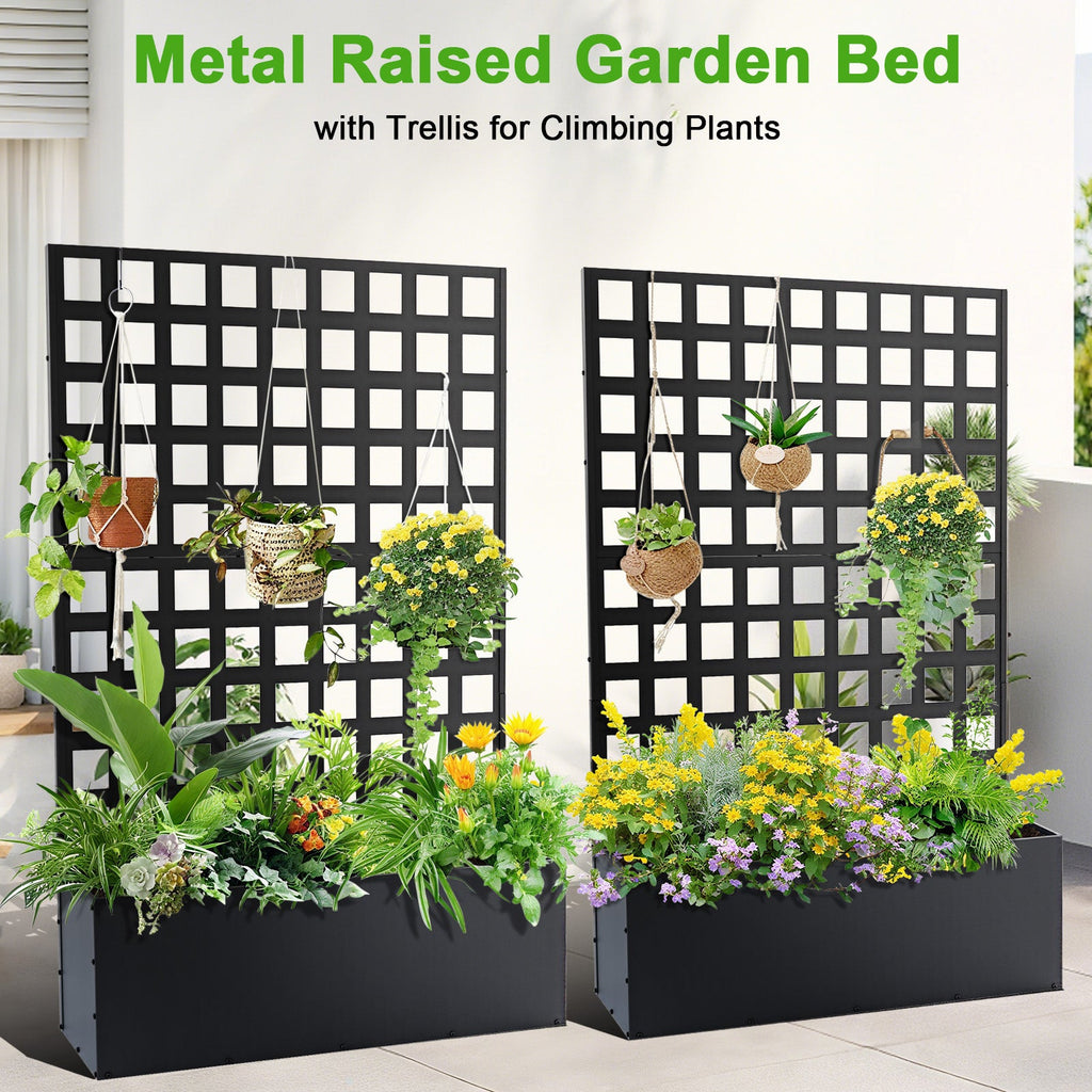 Garvee 71" x 47" x 12" Metal Planter Box with Trellis, Raised Garden Bed with Privacy Screen, Drainage Holes for Climbing Plants, Flowers & Vegetables, Black