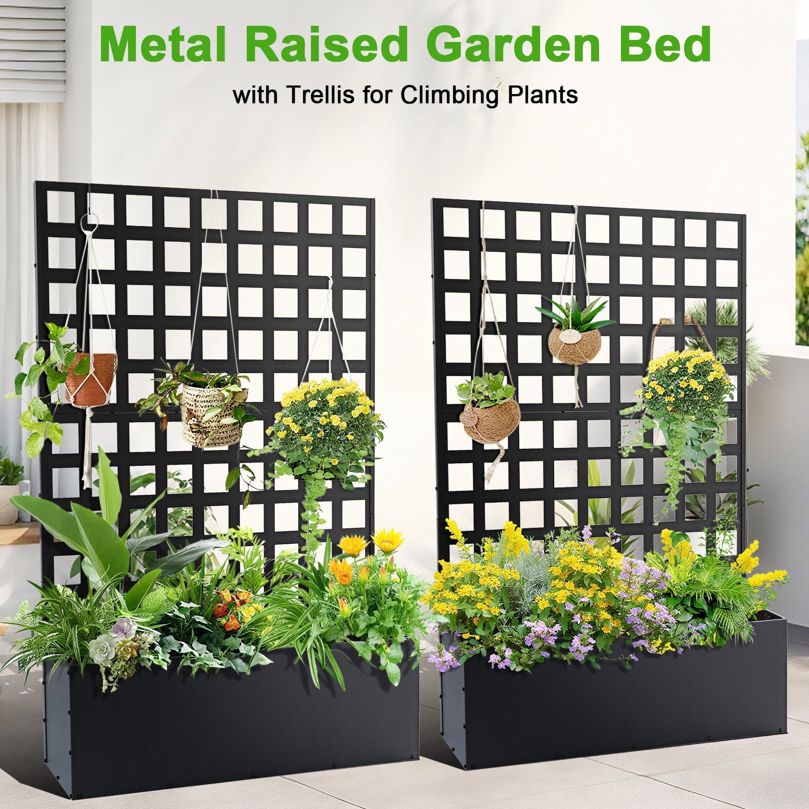 Garvee 71" x 47" x 12" Metal Planter Box with Trellis, Raised Garden Bed with Privacy Screen, Drainage Holes for Climbing Plants, Flowers & Vegetables, Black