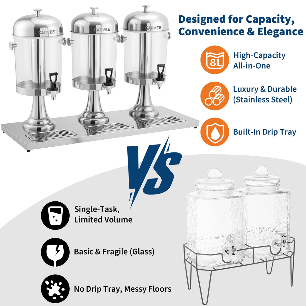 Garvee 6.6 Gallon Commercial Drink Dispenser, Stainless Steel Beverage Dispenser with Ice Core, Stand & Spigot for Cold Juice, Iced Tea and Lemonade at Parties & Weddings, Silver