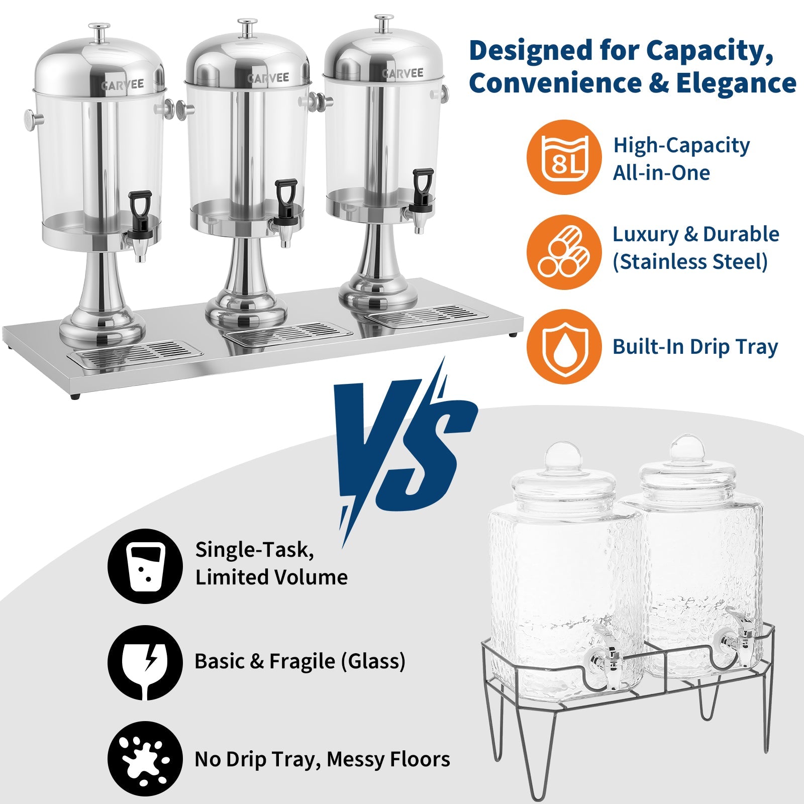 Garvee 6.6 Gallon Commercial Drink Dispenser, Stainless Steel Beverage Dispenser with Ice Core, Stand & Spigot for Cold Juice, Iced Tea and Lemonade at Parties & Weddings, Silver