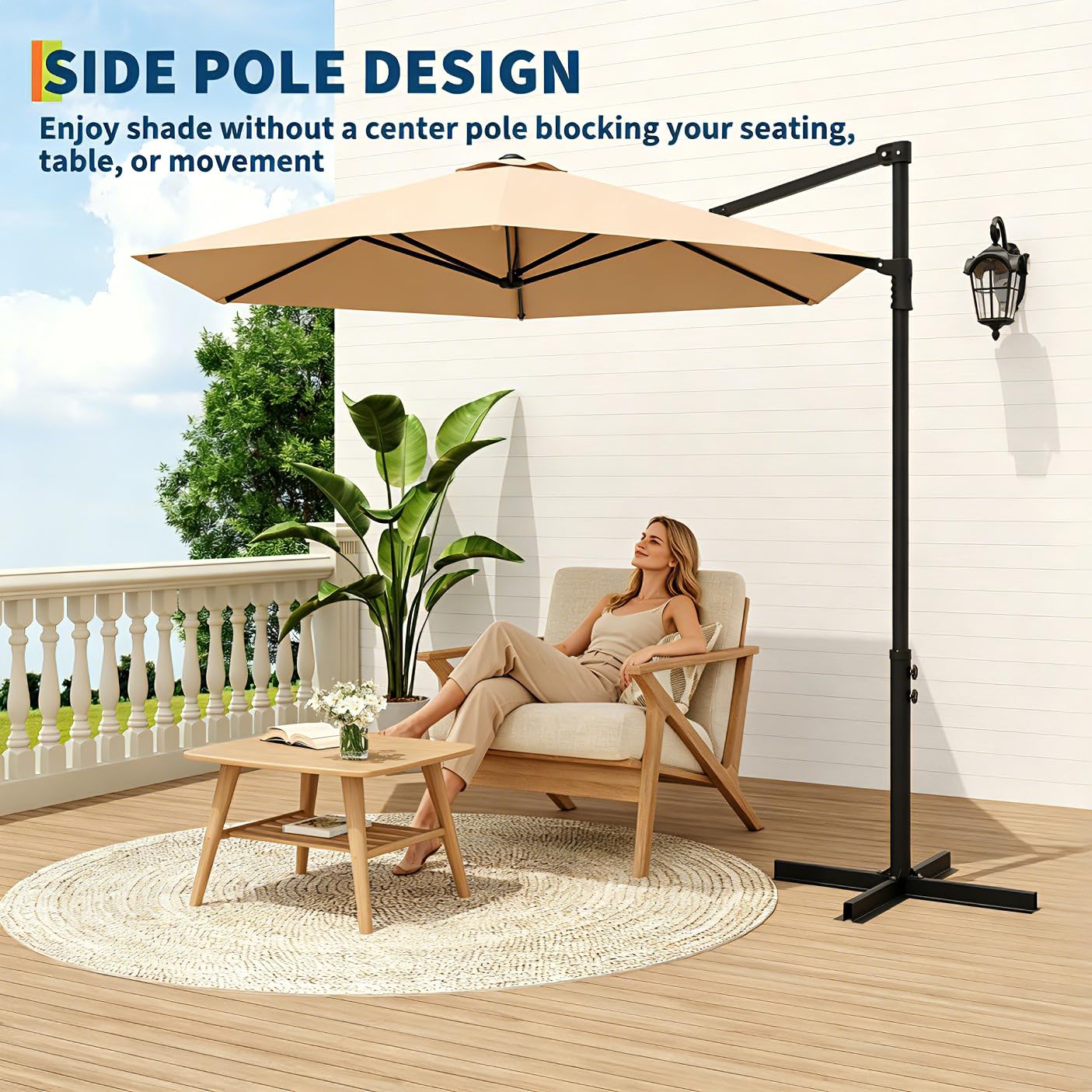 Garvee Cantilever Patio Umbrella, 9 FT Khaki Offset Sun Shade with UV-Resistant Vented Canopy for Deck, Backyard, Poolside and Balcony