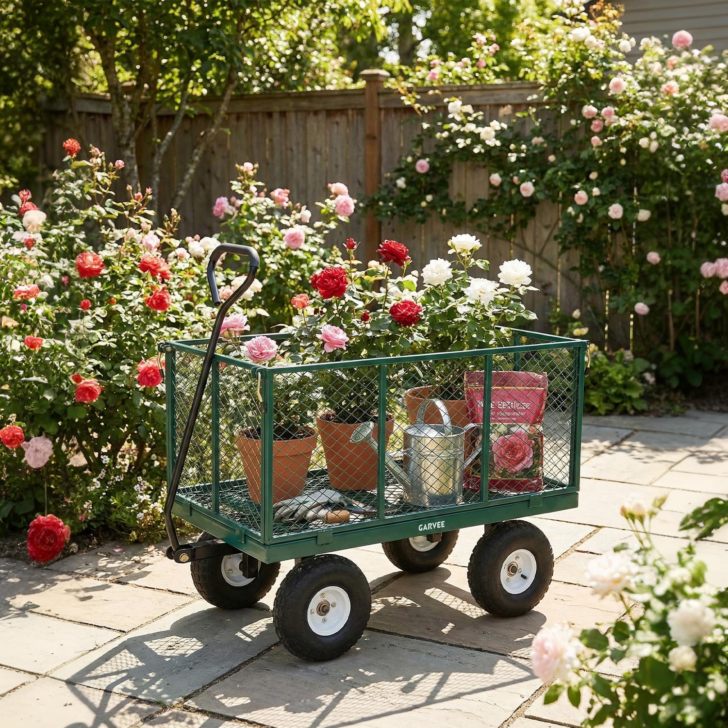 Garvee 800LBS Heavy Duty Steel Garden Cart Wagon with 10" Pneumatic Tires, Removable Mesh Sides, 180° Rotating Handle & Waterproof Bag, Utility Yard Trailer for Lawn, Garden & Farm, Green