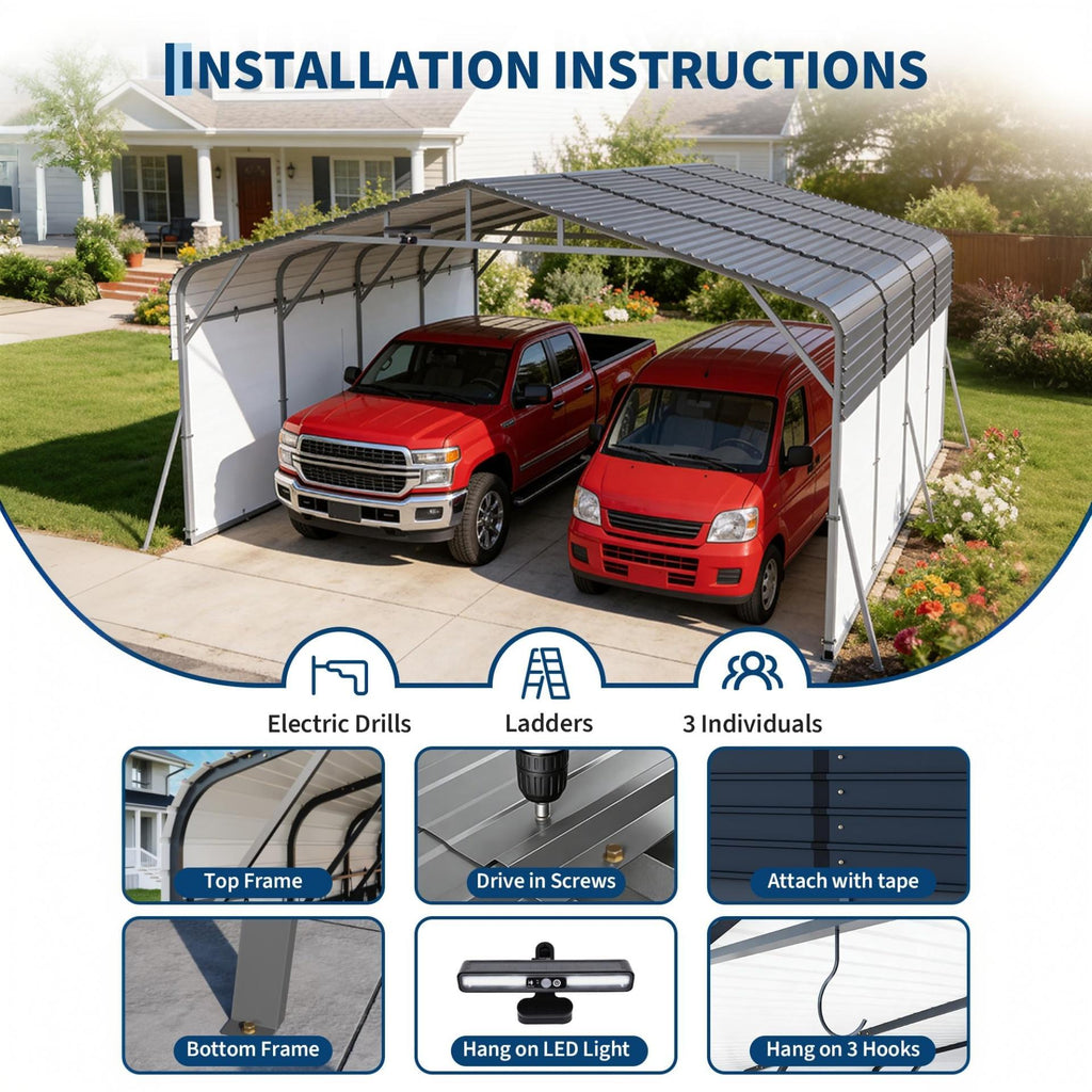 Garvee 20x20 FT Heavy Duty Metal Carport, 400 Sq. Ft. Galvanized Steel Roof Shelter with Solar LED Lamp & Removable White PE Sidewalls for 2 Cars, Boats & Trucks, Dark Gray
