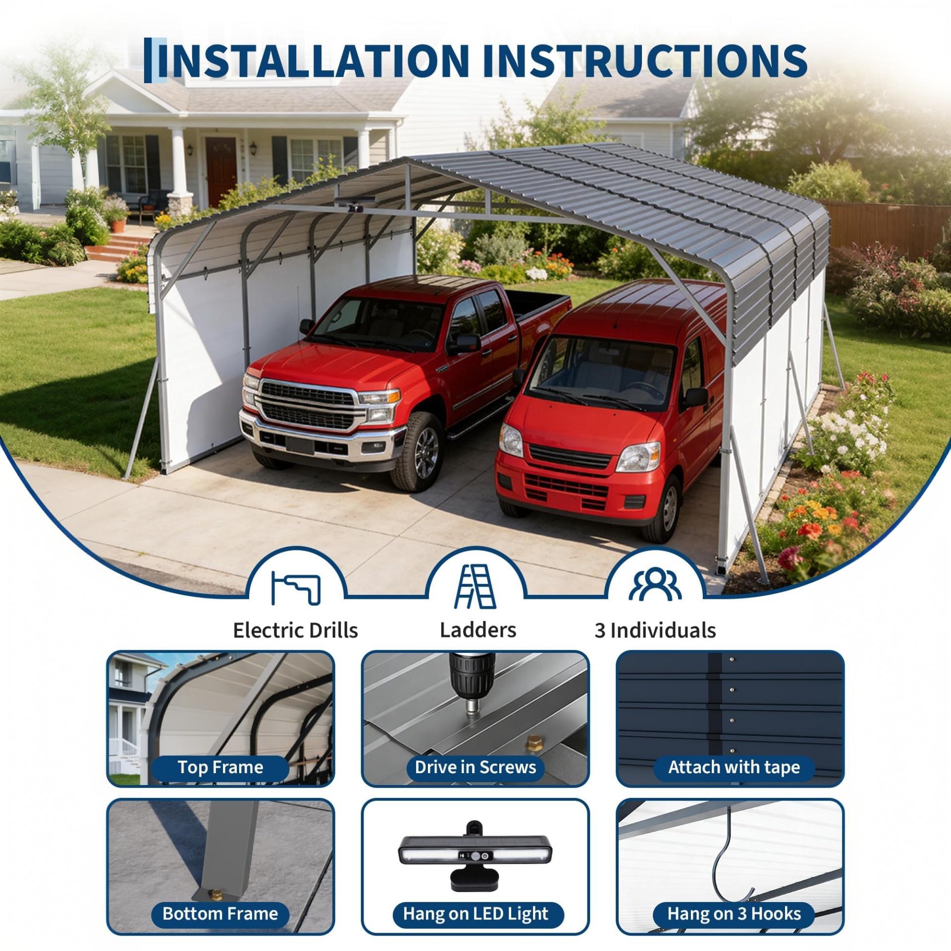 Garvee 20x20 FT Heavy Duty Metal Carport, 400 Sq. Ft. Galvanized Steel Roof Shelter with Solar LED Lamp & Removable White PE Sidewalls for 2 Cars, Boats & Trucks, Dark Gray