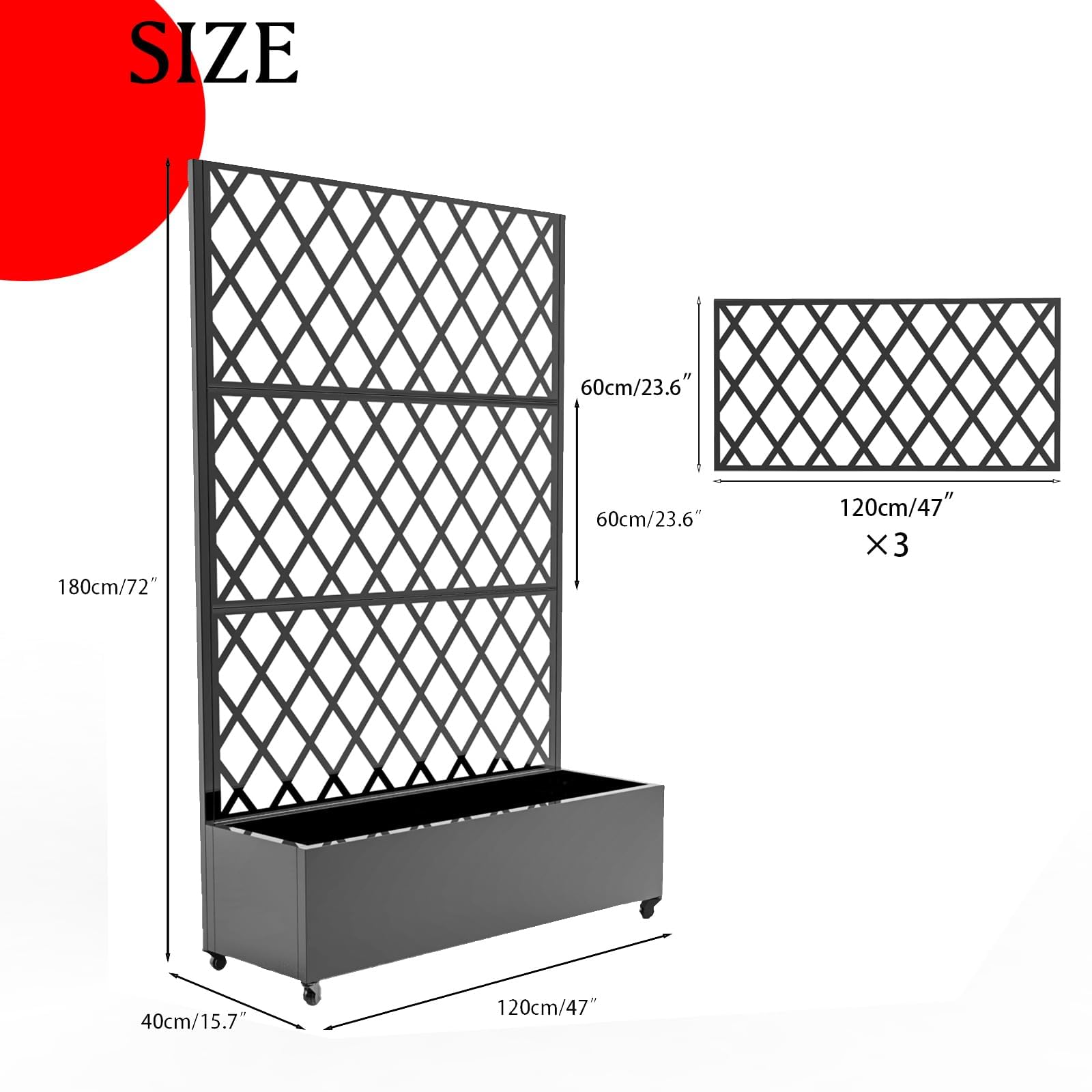 Garvee Raised Garden Bed with Trellis, 72" H × 47" W × 16" D Galvanized Steel Planter Box with Locking Wheels, Drainage Holes and Privacy Screen for Climbing Plants, Black