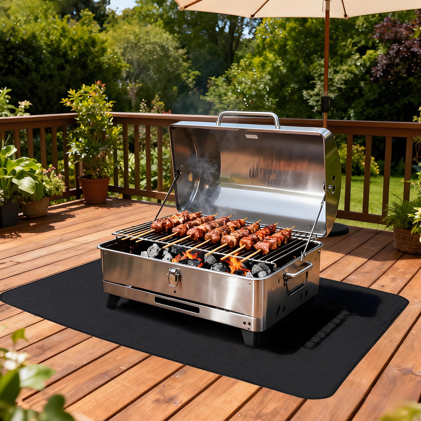 Garvee Double-Sided Fireproof Grill Mat - Heavy Duty Waterproof & Oil-Proof Deck Protector for Outdoor BBQ, Fire Pit, Patio & Fireplace - Durable Floor Mat, Black, 76 x 48 inch