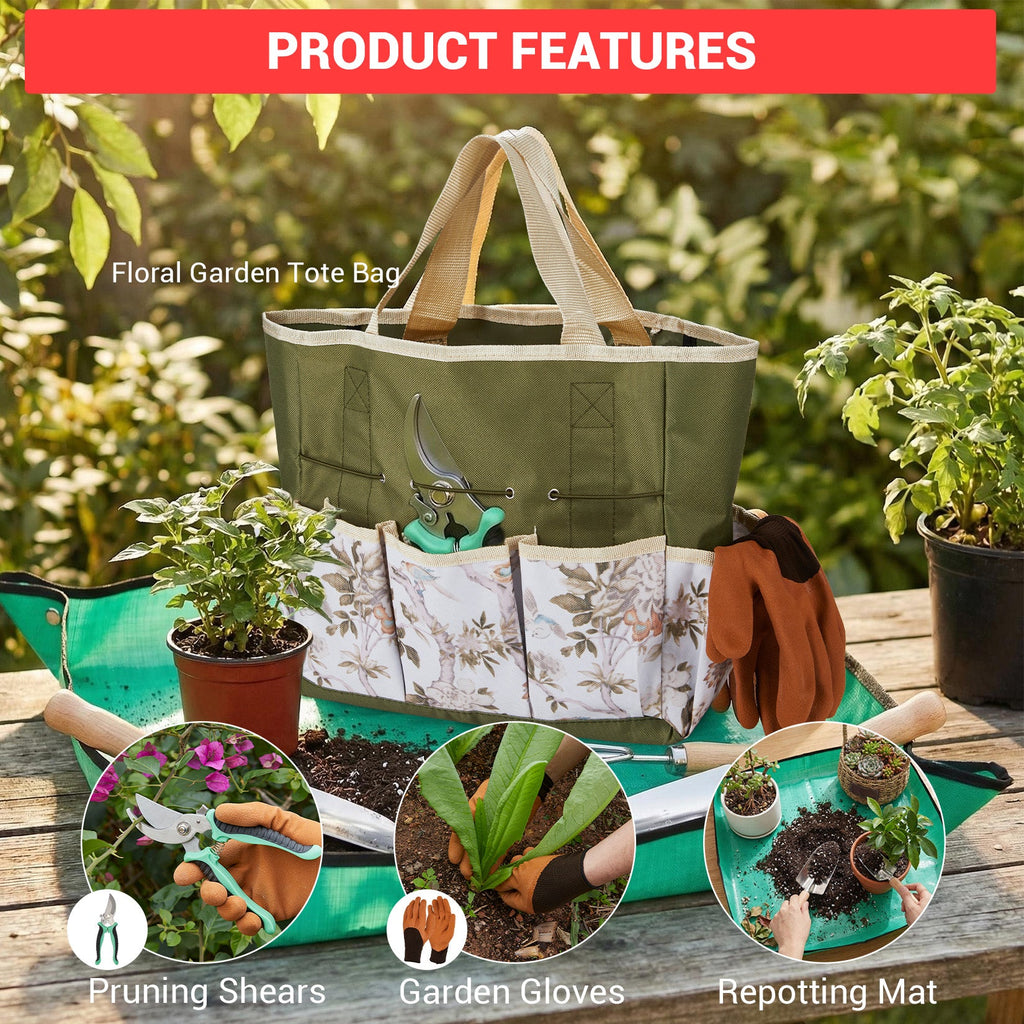 Garvee 10-Piece Garden Tool Set, Heavy Duty Stainless Steel Hand Tools with Wooden Handles, Includes Pruning Shears, Gloves, Tote Bag & Repotting Mat – Gardening Kit for Planting, Weeding & Gift Use
