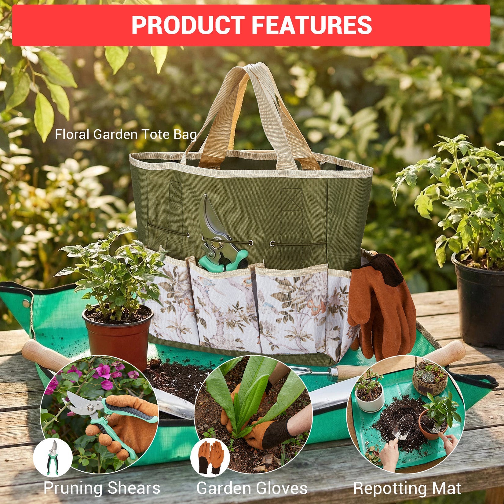 Garvee 10-Piece Garden Tool Set, Heavy Duty Stainless Steel Hand Tools with Wooden Handles, Includes Pruning Shears, Gloves, Tote Bag & Repotting Mat – Gardening Kit for Planting, Weeding & Gift Use