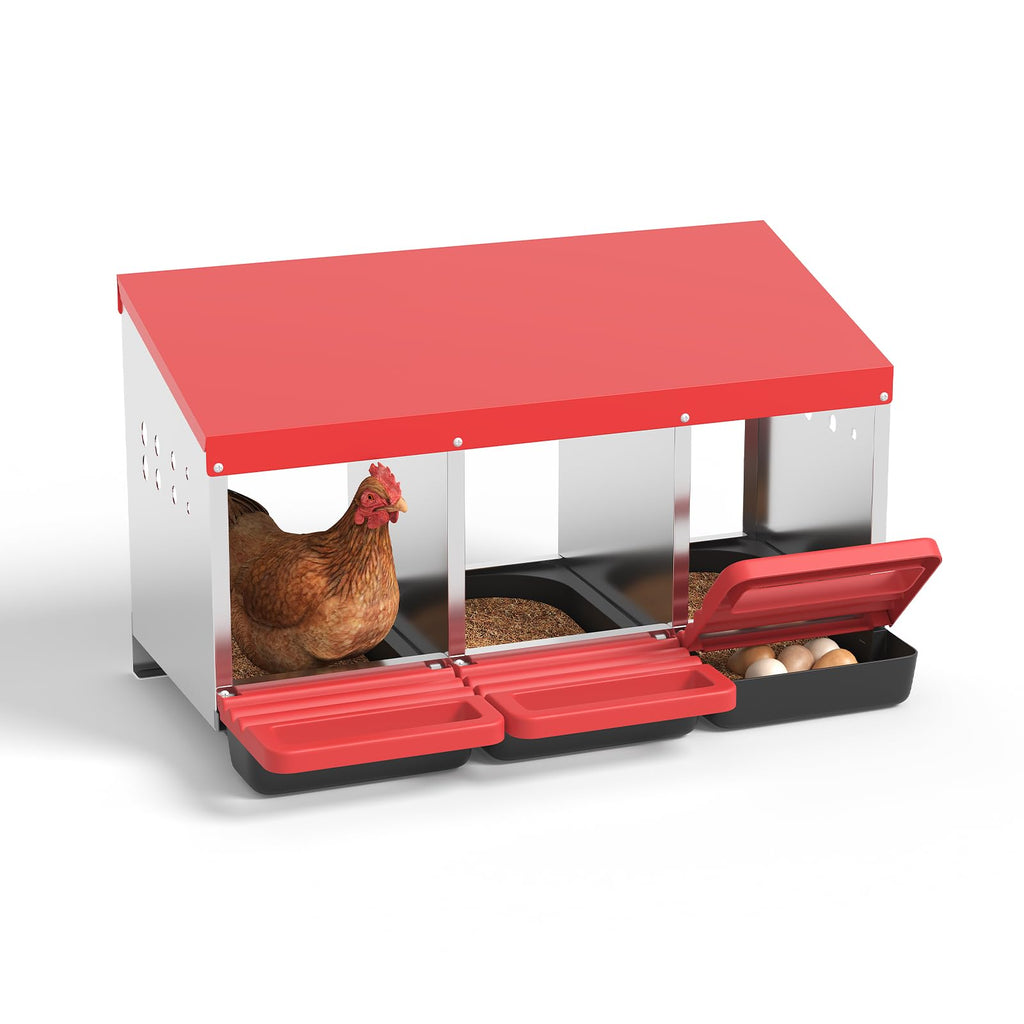 Garvee 3-Hole Metal Chicken Nesting Box, Roll Away Poultry Laying Box with Sloped Roof, 31.5"x20.5"x16.9", Red
