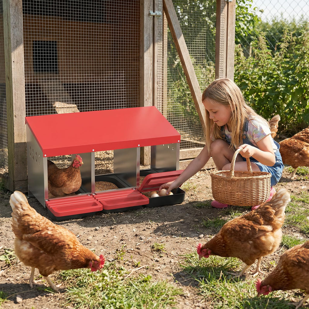 Garvee 3-Hole Metal Chicken Nesting Box, Roll Away Poultry Laying Box with Sloped Roof, 31.5"x20.5"x16.9", Red