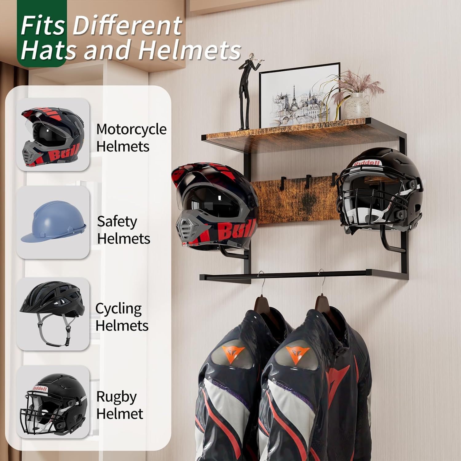 Garvee Wall-Mounted Helmet Rack Organizer for Motorcycle & Cycle – 4 Holders with 4 Integrated Hooks – Sturdy Space-Saving Storage for Garage or Entryway – Easy Install – Melamine Board