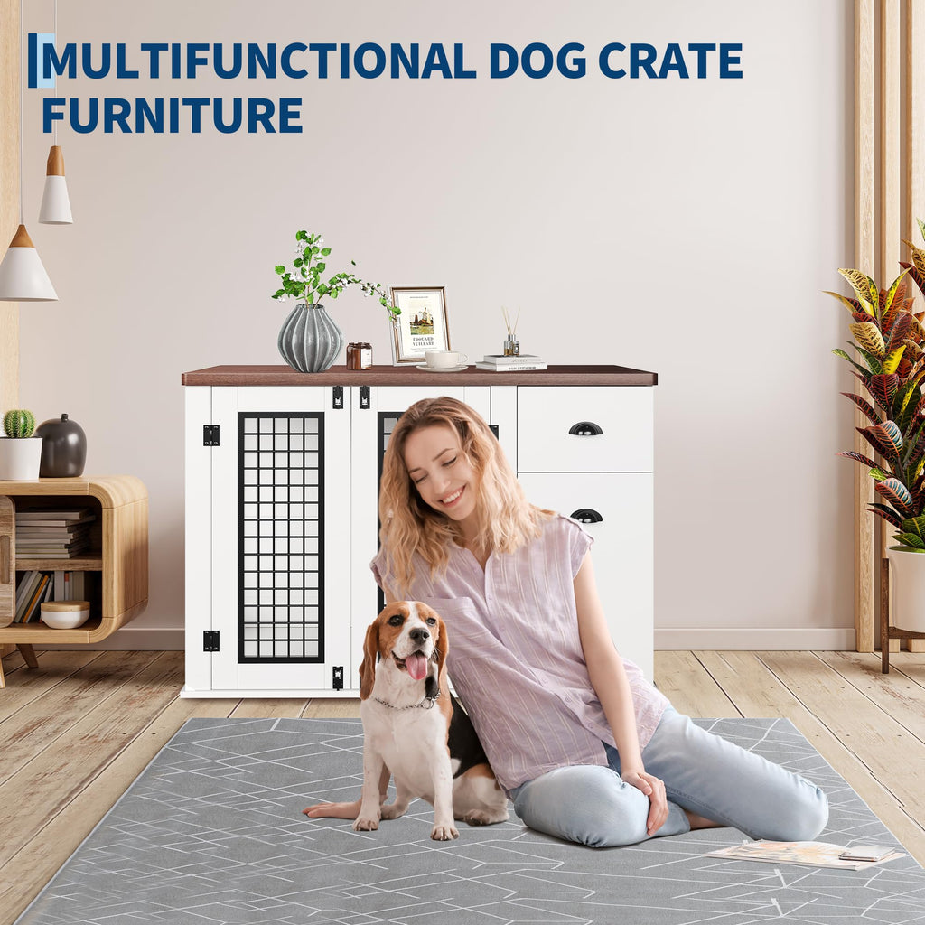 Garvee Dog Crate Furniture, Pet Kennel for Small to Medium Dogs, White Wooden Pet House with Drawers and Side Cabinets, Multi-Functional Dog Cage for Indoor Use, White