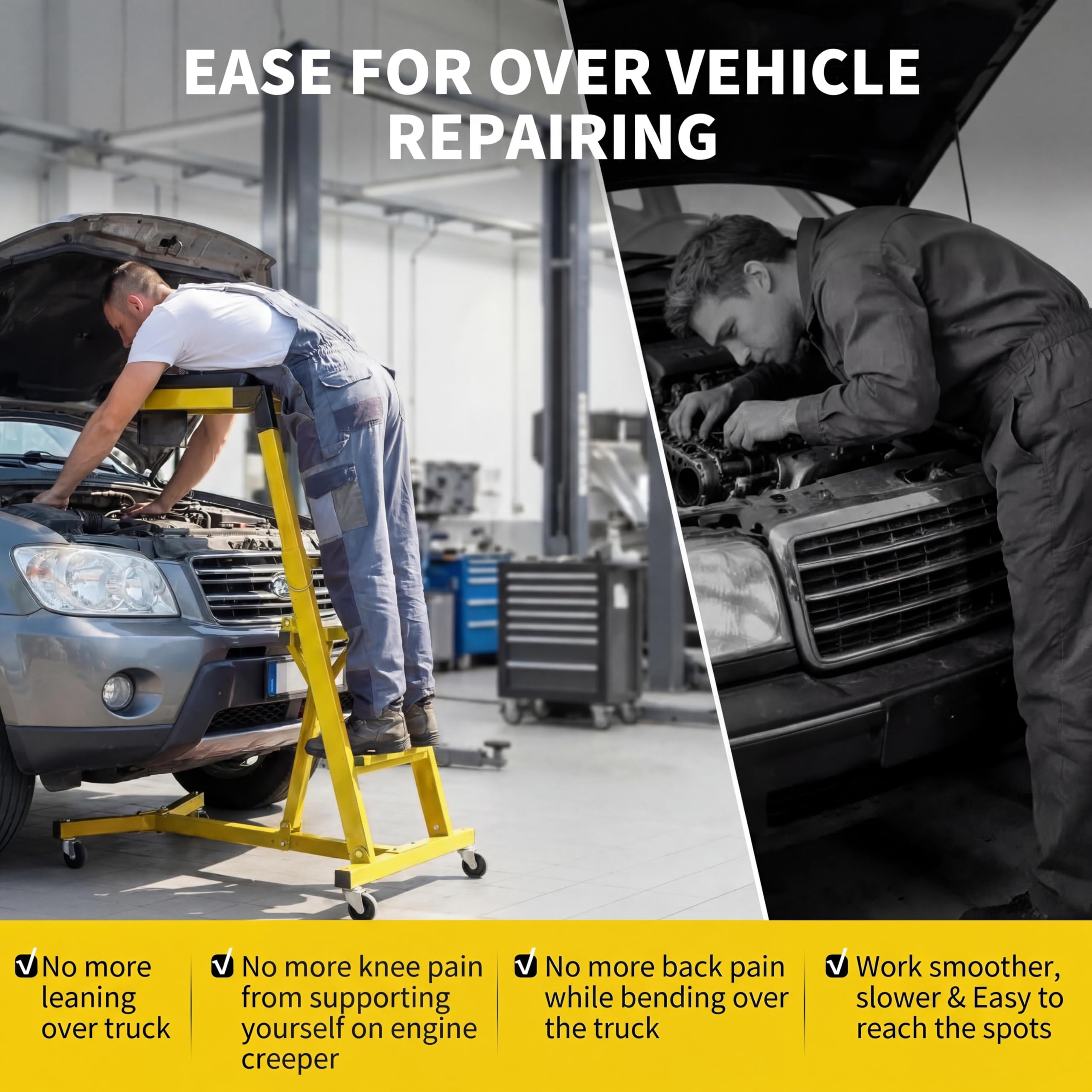 Garvee Topside Automotive Creeper for Trucks & Jeeps, Adjustable 49-76" Height, Heavy Duty 400 lbs Steel, Foldable with Tool Pouch, Lockable Casters, Garage Use, Yellow