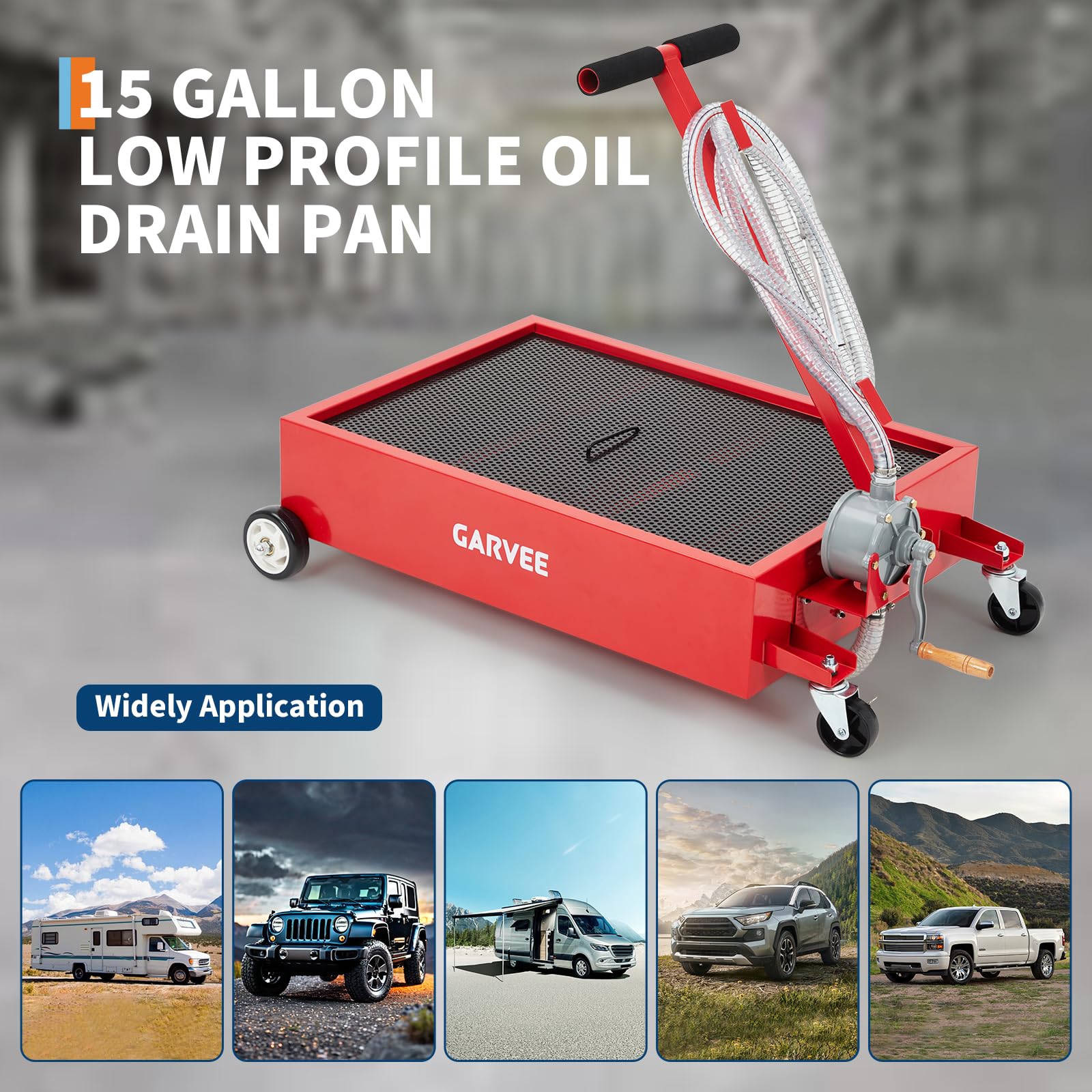 Garvee Heavy Duty 20 Gallon Low Profile Oil Drain Pan with 110V Electric Pump - 8.2ft Hose - Collapsible T-Handle - Lockable Swivel Casters - Rolling Oil Drain Cart for Cars, Trucks, SUVs - Waistline Version, Red