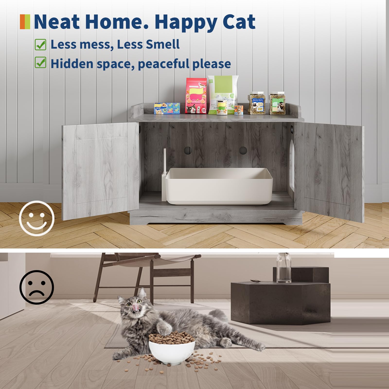 Garvee 31.5" Cat Litter Box Enclosure Furniture with Barn Door & Display Shelf, Wooden Hidden Litter Box Cover, Dog-Proof Design for Multiple Cats, Smooth Surface & Quick Clean-Up, Gray