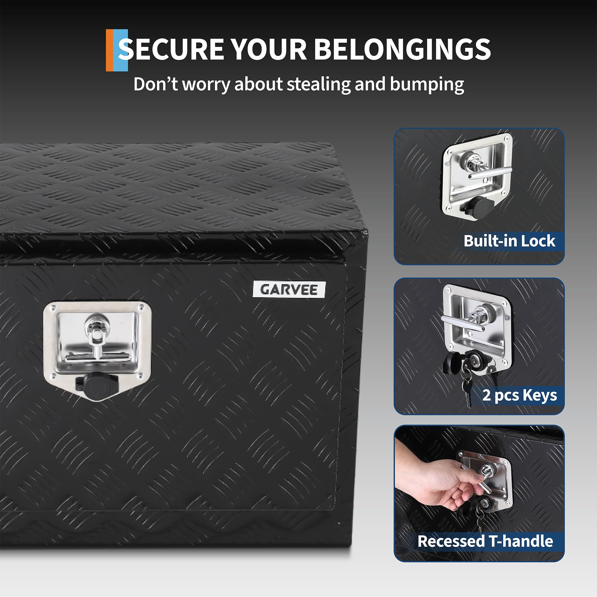 Garvee 36"x14"x16" Underbody Truck Tool Box - Heavy-Duty Aluminum Diamond Plate, Lockable Waterproof Design with T-Handle Latch and Keys for Pickup, Van, and Trailer, Black