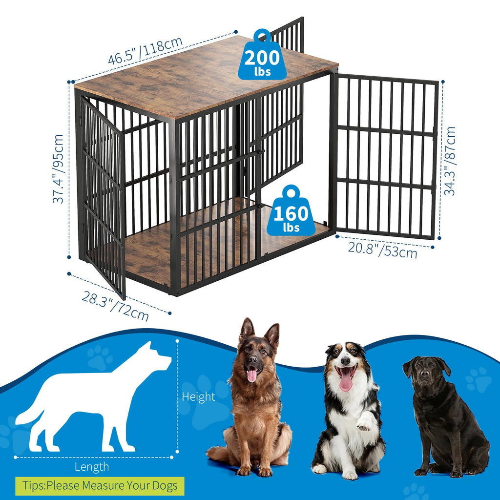 Garvee 47" Dog Crate Furniture, 3-In-1 Wooden Dog Kennel with 3 Lockable Doors, Heavy Duty Metal Frame & Sturdy Panels, Large End Table for Medium to Large Breeds, Brown & Black