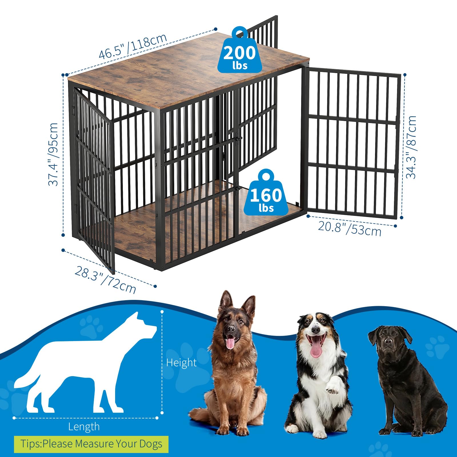 Garvee 47" Dog Crate Furniture, 3-In-1 Wooden Dog Kennel with 3 Lockable Doors, Heavy Duty Metal Frame & Sturdy Panels, Large End Table for Medium to Large Breeds, Brown & Black