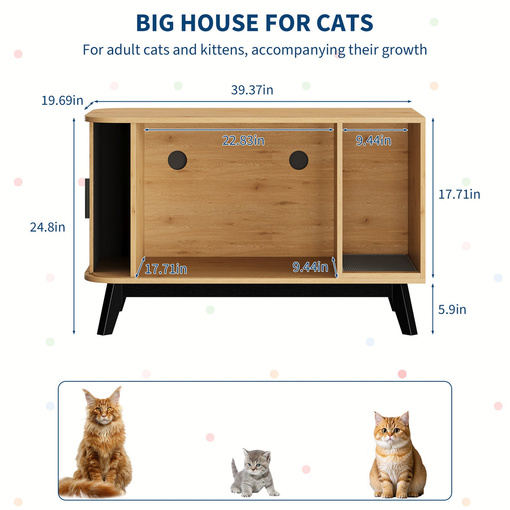 Garvee Modern Hidden Cat Litter Box Furniture – 39" Cat House Side Table with Sliding Door, Litter Mat, Multi-Functional Pet Enclosure for Living Room – Natural Wood Color