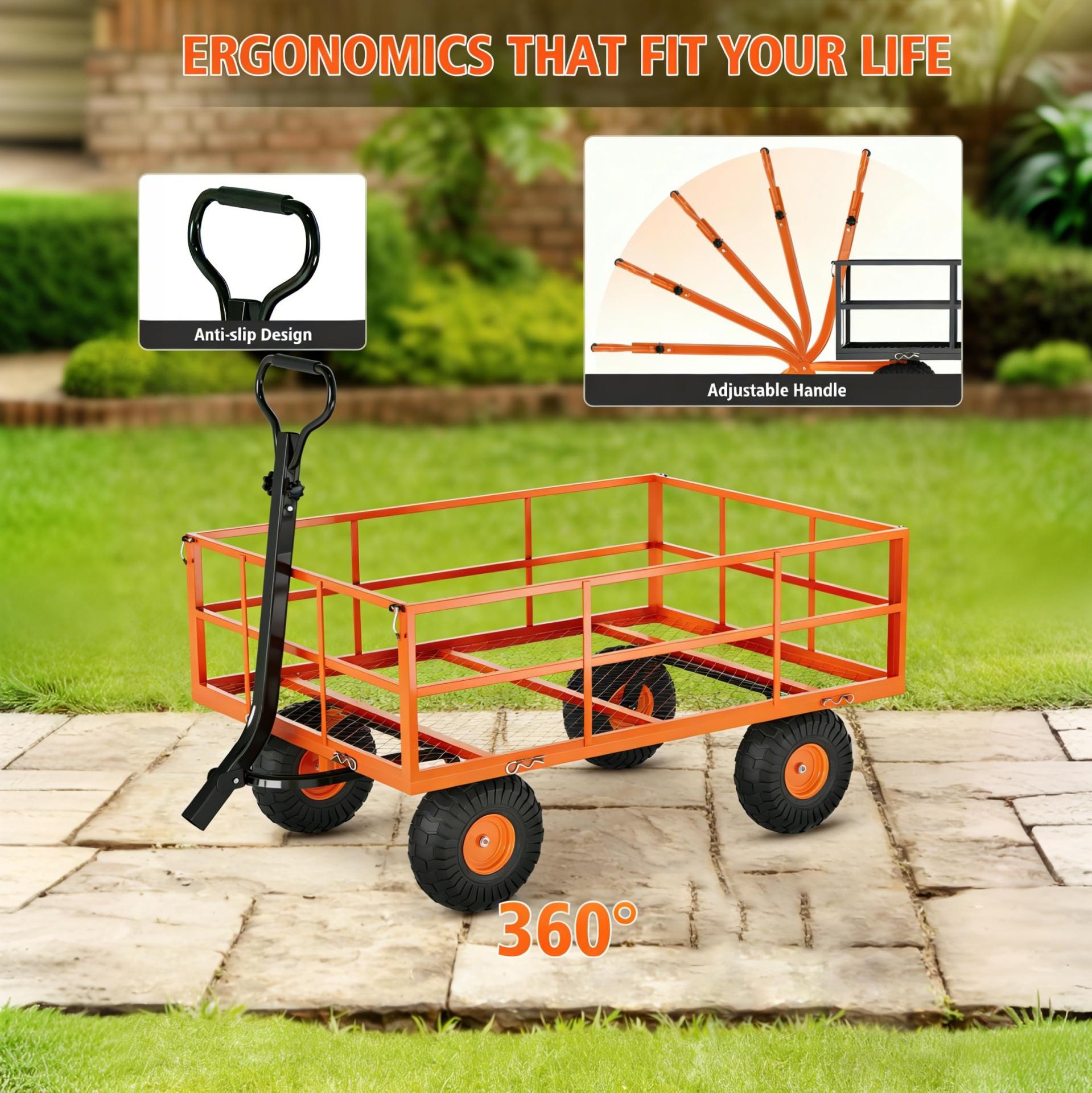 Garvee Garden Cart, 1200 lbs Heavy Duty Steel Utility Wagon with Removable Mesh Sides, 13" Wheels and 180° Pull Handle for Yard, Orange