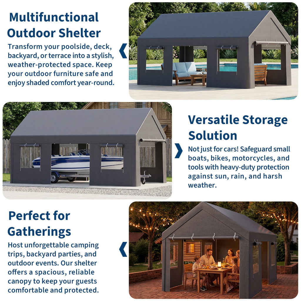 Garvee 10' x 20' Portable Carport, 4 Roll-Up Doors, 4 Vent Windows, Waterproof PE Cover, Galvanized Steel Frame for Cars, Trucks & Boats, Gray