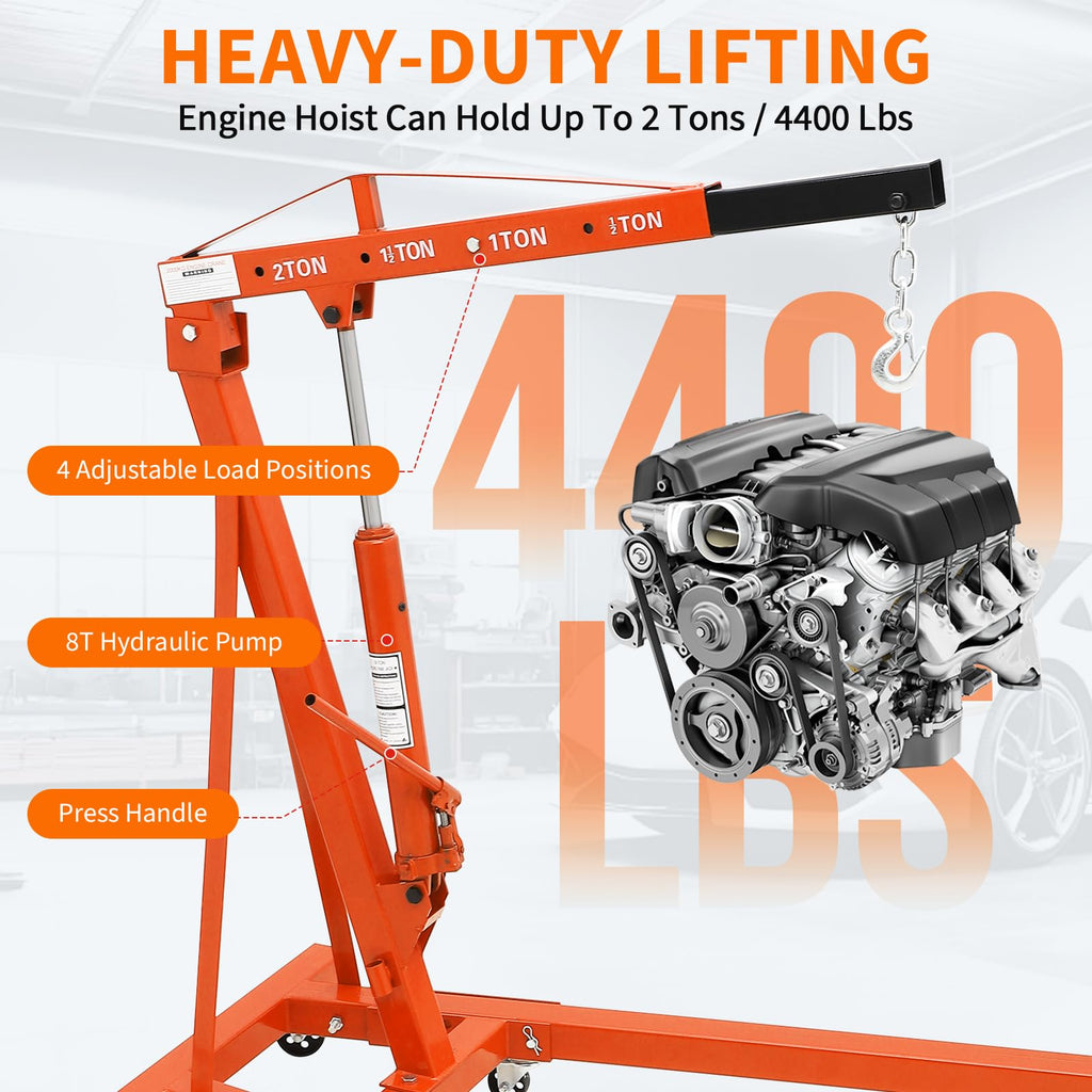 Garvee 2-Ton Hydraulic Folding Engine Hoist Cherry Picker – 4400 Lb Capacity, Telescoping Boom, 6 Caster Wheels – Heavy Duty Shop Crane for Automotive Repair, Garage & Workshop – Orange without stabilizer, 2T